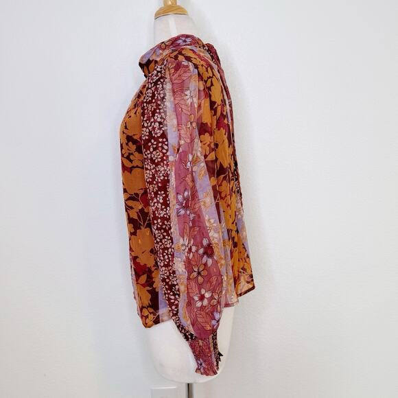 Avara Womens Patchwork Floral Long Balloon Sleeve Top Size S Orange Purple Fall - Picture 4 of 9